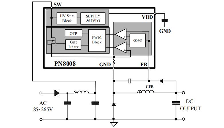 PN8008非隔離AC轉DC 5V芯片典型應用電路圖