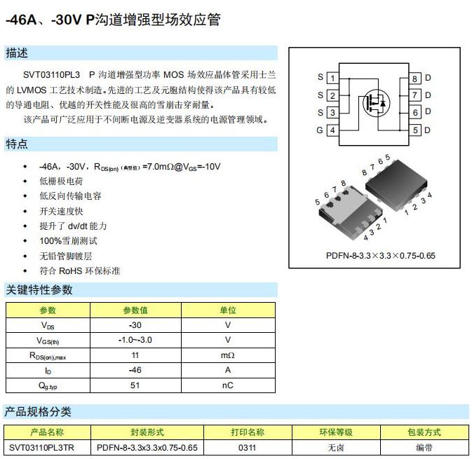 SVT03110PL3 30V增強型p-mos管