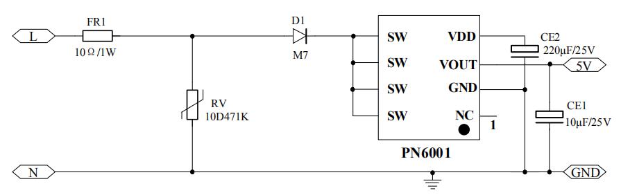 PN6001無電感5V輸出降壓芯片典型應用電路